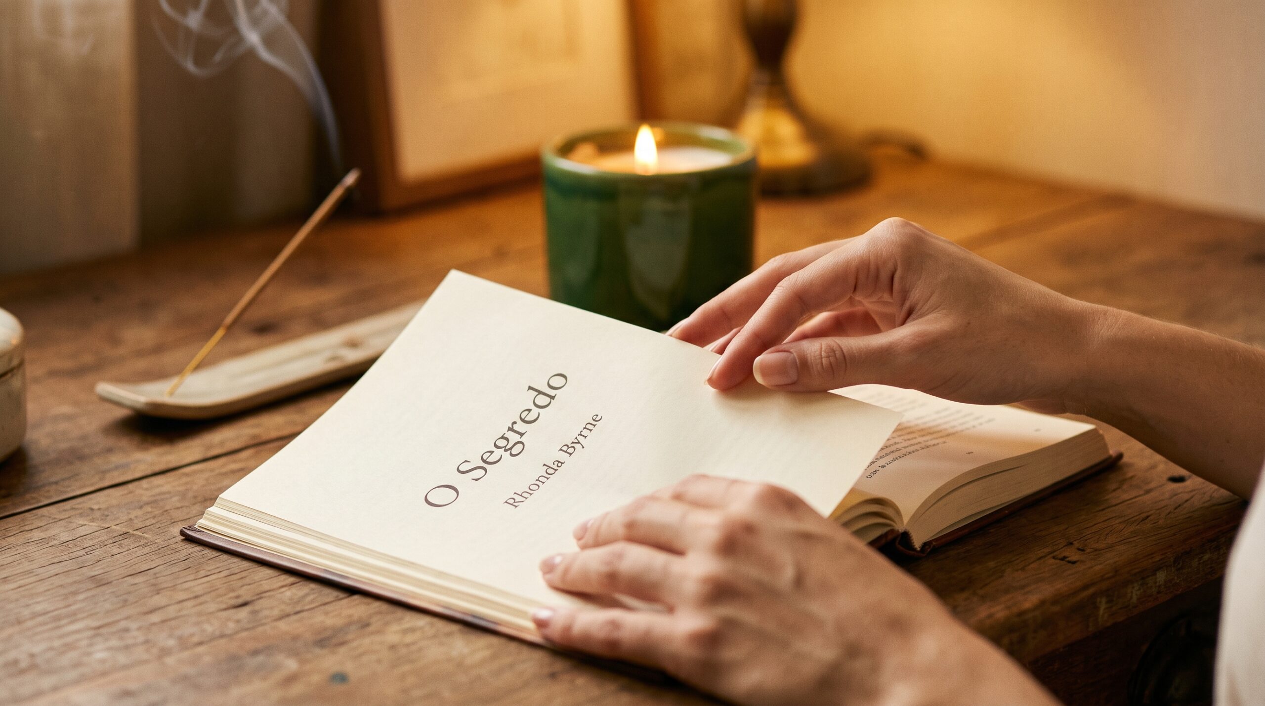 Pessoa folheando os melhores livros de lei da atração em mesa aconchegante com vela e incenso acesos