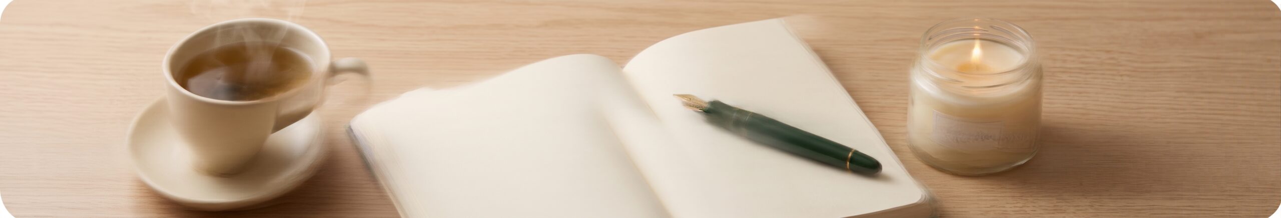 Mesa de madeira com caderno de manifestação aberto, caneta elegante e livros de lei da atração com vela aromática